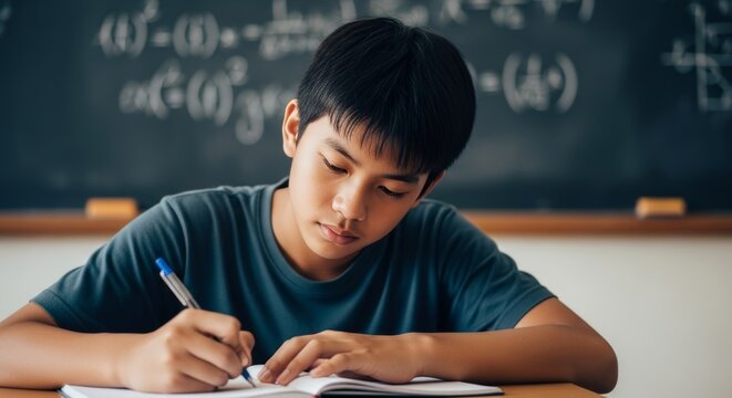 A young male student intently writing in a notebook, focused on his exam or assignment, with mathematical equations visible on a blackboard in the background. - Powered by Adobe