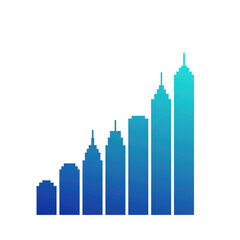A business growth bar chart, where the bars are stylized city skyscrapers of varying heights.