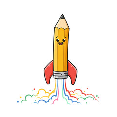 A cheerful, yellow pencil styled as a retro rocket ship