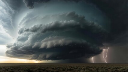 Imposing supercell thunderstorm with dramatic lightning strikes over a flat landscape
