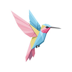 A geometric origami hummingbird in mid-flight, constructed from sharp, clean shapes in pastel colors, modern logo style, flat 2d icon