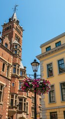 Fototapeta premium Historic European Townscape with Floral Lamp Post