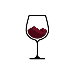 A minimalist wine glass icon, where the red wine inside forms the silhouette of a mountain range