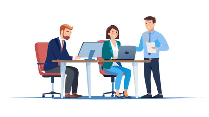 Three professionals collaborating at a desk with laptops and documents in a modern office setting