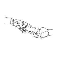 A single, continuous line drawing of a robotic hand and a human hand about to touch