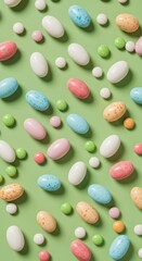 Colorful candy-coated chocolates scattered on a pastel green surface.