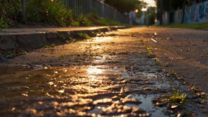 Fototapeta premium Sunlight reflecting in puddles on a street with grass and a fence in the background at dusk or dawn