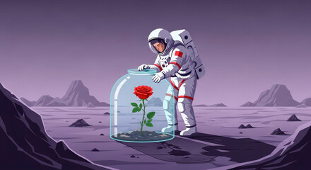 A solitary astronaut tending to a single, vibrant red rose inside a glass terrarium on a desolate, purple-hued alien planet