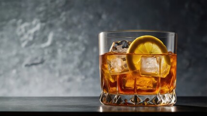 Close up of a glass of amber liquid with ice cubes and a lemon slice on a dark gray background