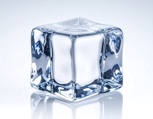 Close-up of a single, clear ice cube.  A perfect, glassy cube of ice sits on a light gray surface.  Light reflects off its facets, creating a highly detailed image