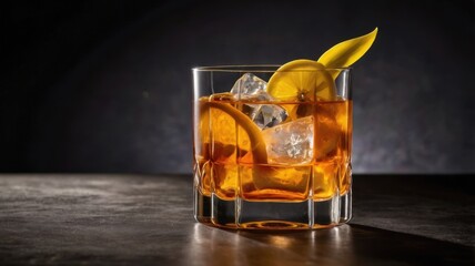 A glass of old fashioned cocktail with ice cubes and orange peel on a dark textured surface