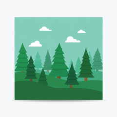 Obraz premium Illustrative depiction of a forest scene featuring green trees and fluffy white clouds.