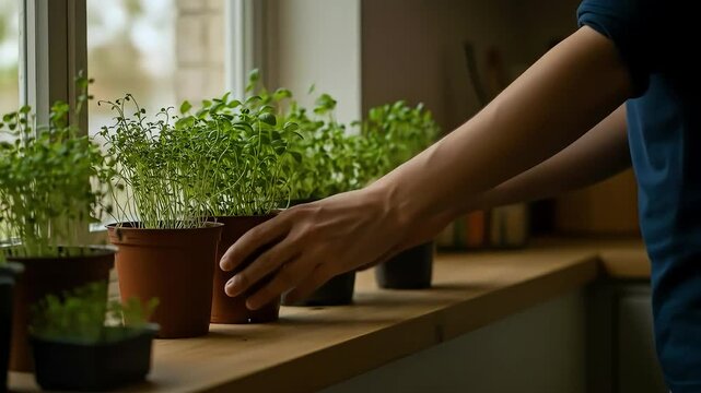 Hands tending to seedlings in terracotta pots