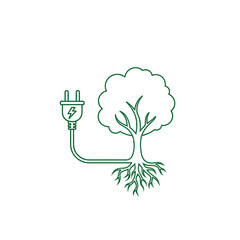 An electric car plug icon, with the cable elegantly forming the shape of a tree with roots. Green transportation symbol, minimalist line art, vector 
