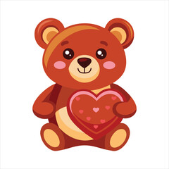Obraz premium Cute cartoon teddy bear sits holding a large red heart with small pink hearts on it, isolated on a white background