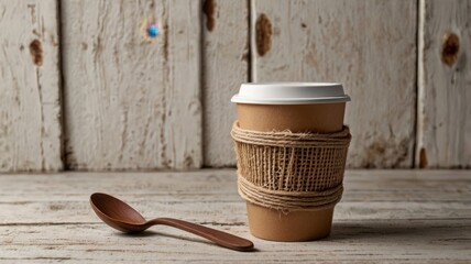 A coffee cup with a jute sleeve and a wooden spoon on a rustic wooden surface with a white background