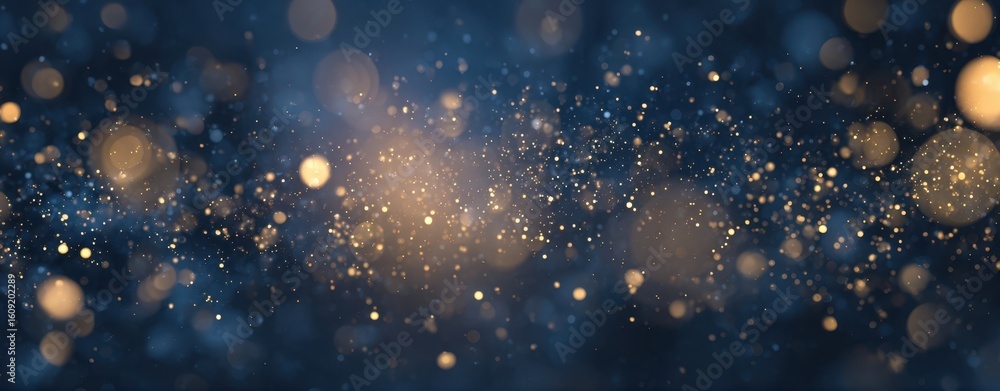 Poster the enchanting golden bokeh background with shimmering particles and a deep blue hue.