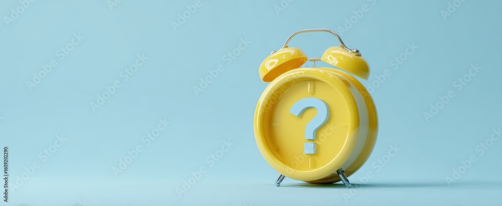 Poster the yellow alarm clock with a question mark representing uncertainty in time.
