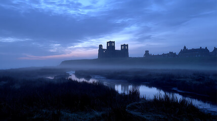 Fototapeta premium Dusk View of Whitby Monastery from Marshes 