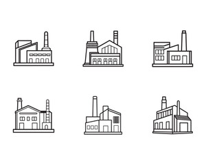 Obraz premium Industrial Factory Buildings Vector Set Manufacturing Plants and Factory Structures in Outline Style Business and Production Facility Concepts
