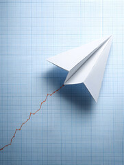 Paper airplane flying over a financial stock market graph