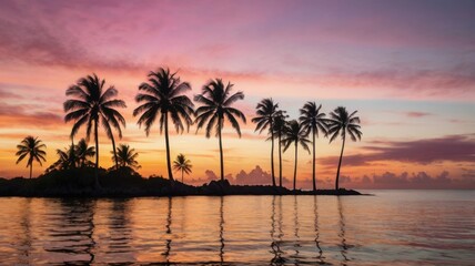 Palm trees silhouette against a vibrant sunset sky reflected in the calm ocean water at dusk