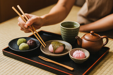 Japanese Tea Ceremony: A serene scene unfolds as a hand delicately wields chopsticks, preparing to savor traditional Japanese sweets, perfectly complementing a cup of warm tea.