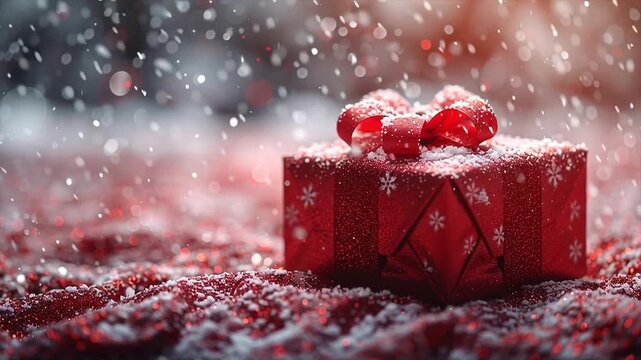 Valentine gift and jewelry box on snow and red background