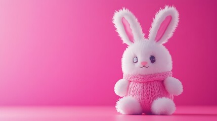 Fototapeta premium Fluffy white plush toy in a bunny outfit set against a vibrant pink backdrop featuring warm lighting and playful details