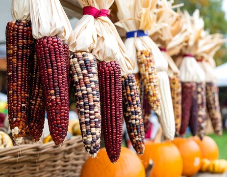 Colorful Indian corn cobs and pumpkins symbolize autumn harvest season decorations - Powered by Adobe