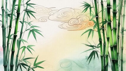 Lush bamboo with stylized clouds