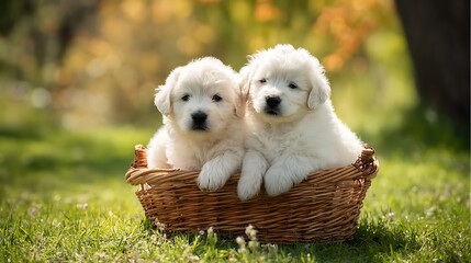 Fluffy white puppies sitting closely in a small basket placed on green summer lawn with soft natural light