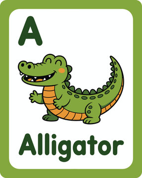 Cute cartoon alligator flashcard for kids, featuring letter A for preschool and early learning