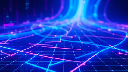 Flowing streams of digital data on a glowing grid, representing futuristic network technology and information transfer