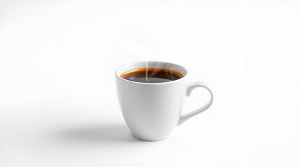 An elegant coffee cup with swirling steam, placed against a pristine white backdrop. The image captures the luxury of freshly brewed coffee in a professional, minimalistic style, ideal for premium