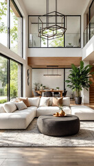 Fototapeta premium Wide-angle modern living room with split-level, natural light, white sofa, wood accents. 