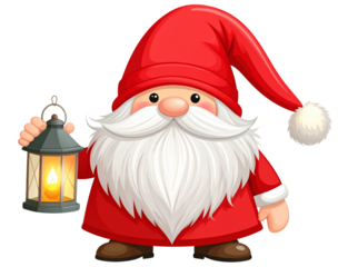 Whimsical Christmas Gnome with Red Hat and Lantern Transparent PNG 