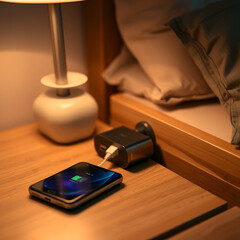 Smartphone charging with energy bank on nightstand at night. Time to recharge. High quality FullHD footage