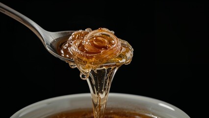 A close up shot of honey dripping from a spoon into a bowl against a dark black background scene