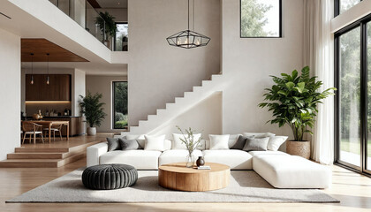 Wide-angle modern living room with split-level, natural light, white sofa, wood accents.
