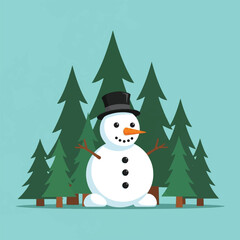 A cheerful snowman stands amidst a cluster of evergreen trees, a classic winter scene.