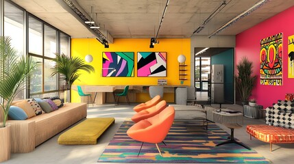 A vibrant creative agency office features colorful decor as a team engages in a dynamic brainstorming session, fostering innovation.