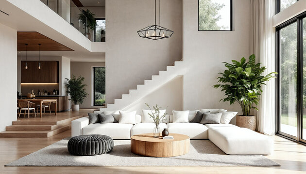Wide-angle modern living room with split-level, natural light, white sofa, wood accents.
