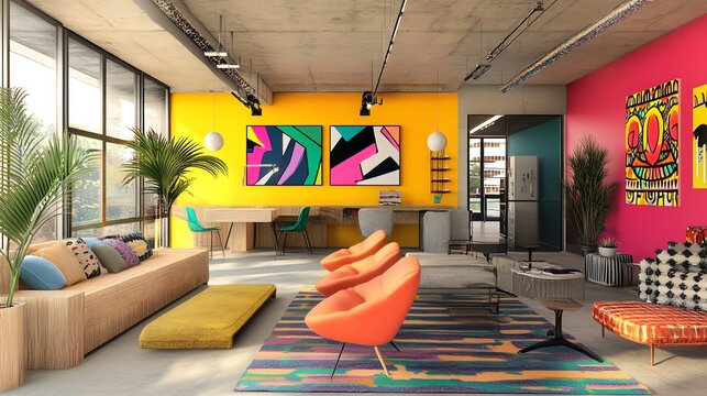 A vibrant creative agency office features colorful decor as a team engages in a dynamic brainstorming session, fostering innovation.