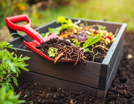 Composting with worms: Close-up of a shovel with vermicompost and compost box