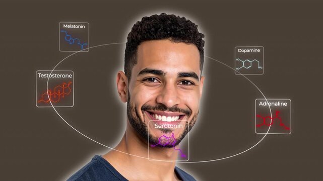 A smiling latino man (AI-generated) surrounded by rotating common male hormone molecule structures visualizing men&rsquo;s health, andropause, and emotional balance, seamless loopable element, alpha channel