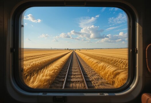 Punto de vista de un pasajero de tren que observa pasar campos interminables, trigo dorado meci&eacute;ndose con el viento de la tarde