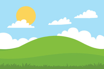 bright summer day vector art with sun, cloud shapes, grassy meadows, and seamless outdoor scenery background