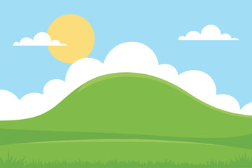 Obraz premium vibrant nature scene vector graphic featuring sunshine, green pastures, and clear blue sky for eco designs