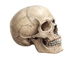 Detailed Rendering of a Human Skull in Profile View on transparent background